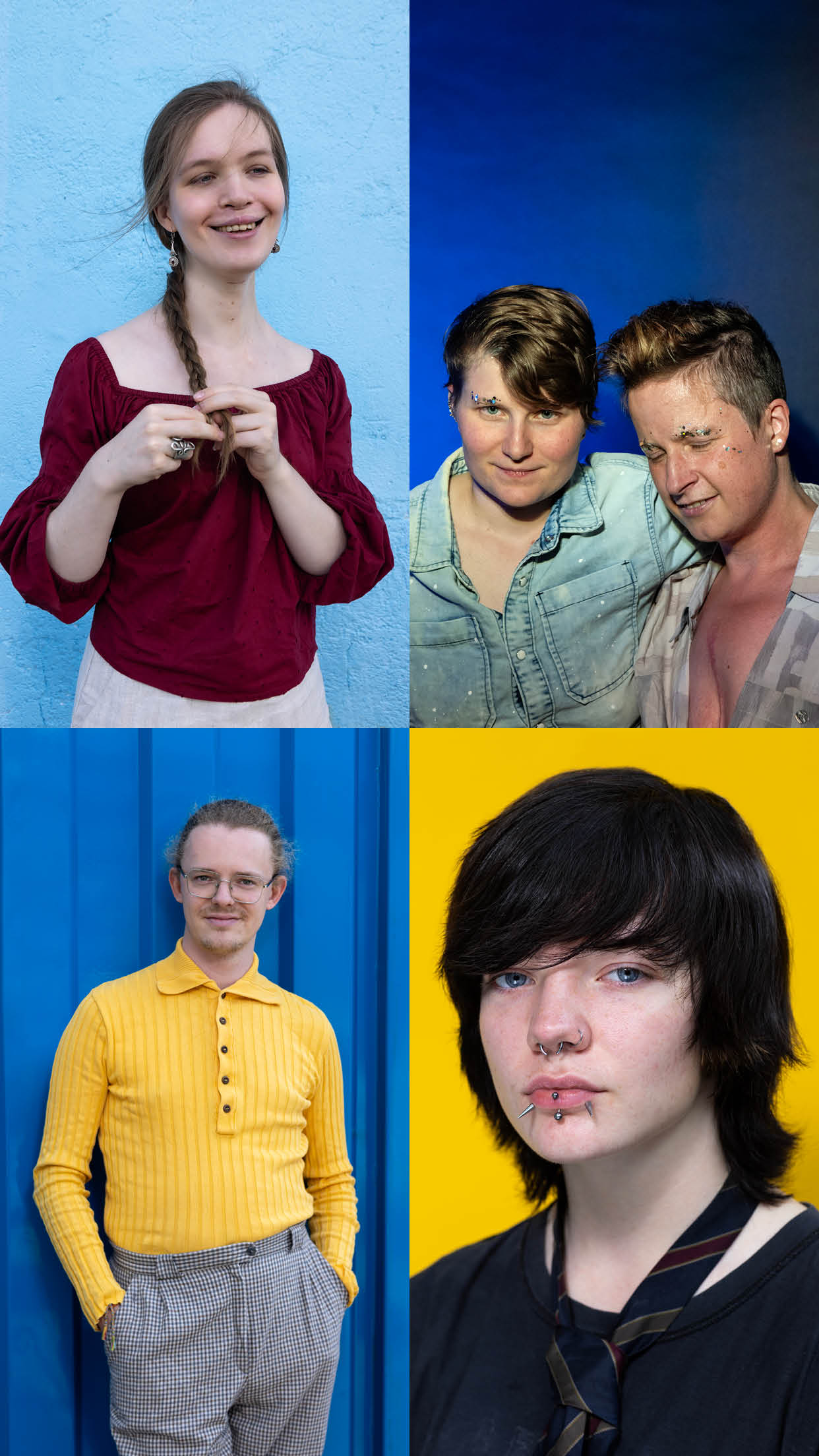 Vier portretten van diverse mensen en een koppel in een grid van 2x2.