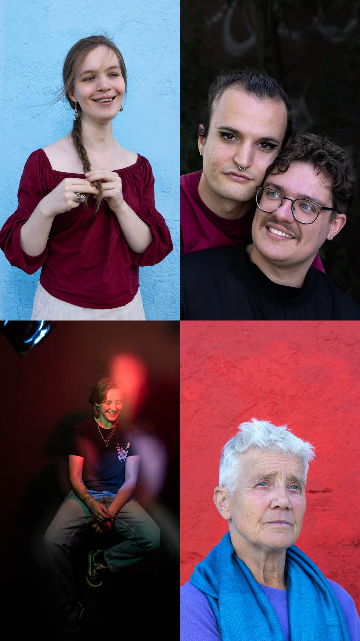 Vier portretten van diverse mensen en een koppel in een grid van 2x2.