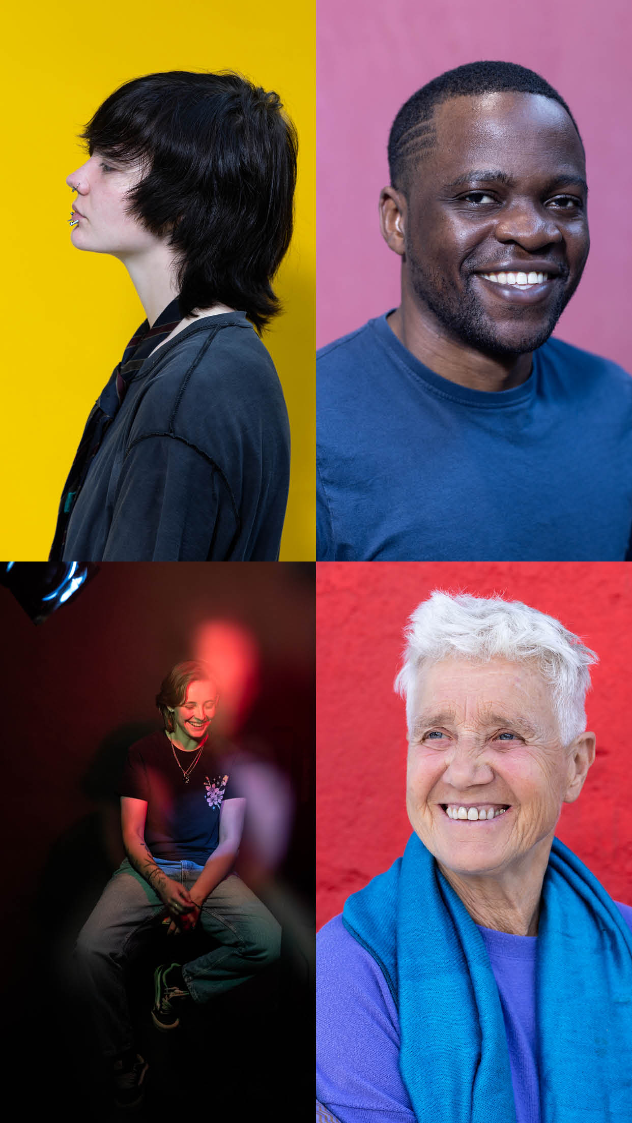 Vier portretten van diverse mensen en een koppel in een grid van 2x2.