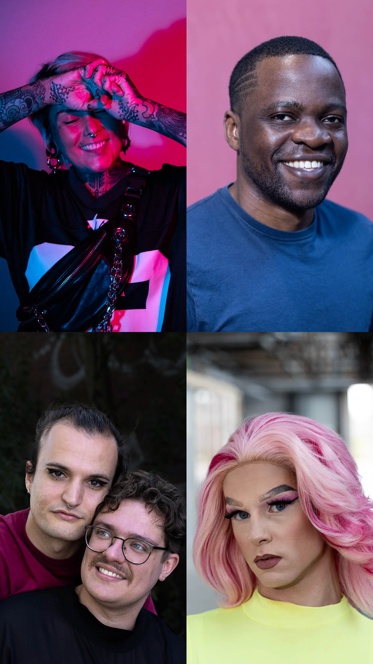 Vier portretten van diverse mensen en een koppel in een grid van 2x2.