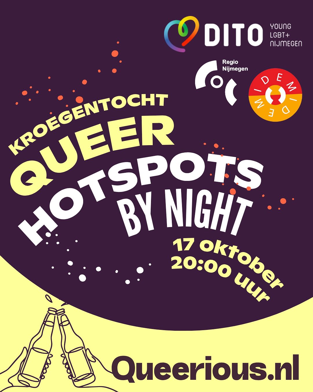 Poster met tekst en twee handen die proosten met een flesje drank.