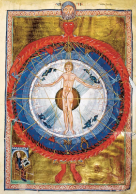 Tekening van naakt mensfiguur met de armen gespreid in een cirkel met lichte kleuren in het midden. Eromheen meer gekleurde cirkel, tekens, versierde rand.